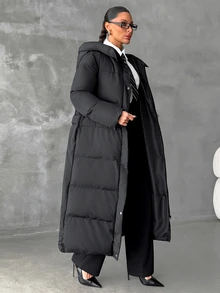 Rafferiza Black Longline Hooded Padded Coat With Concealed Zip And Snap Closure, Insulated Minimal Matte Winter Jacket, Sleek Structured Cold Weather Essential Outerwear - Black - View 4
