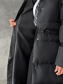 Rafferiza Black Longline Hooded Padded Coat With Concealed Zip And Snap Closure, Insulated Minimal Matte Winter Jacket, Sleek Structured Cold Weather Essential Outerwear - Black - View 6