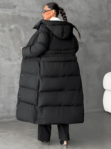 Rafferiza Black Longline Hooded Padded Coat With Concealed Zip And Snap Closure, Insulated Minimal Matte Winter Jacket, Sleek Structured Cold Weather Essential Outerwear - Black - View 2