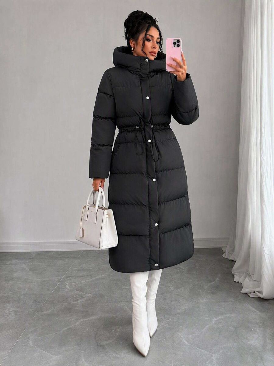 Rafferiza Black Longline Hooded Padded Coat With Concealed Zip And Snap Closure, Insulated Minimal Matte Winter Jacket, Sleek Structured Cold Weather Essential Outerwear - Black - View 1