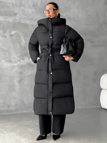 Rafferiza Black Longline Hooded Padded Coat With Concealed Zip And Snap Closure, Insulated Minimal Matte Winter Jacket, Sleek Structured Cold Weather Essential Outerwear - Black - View 3