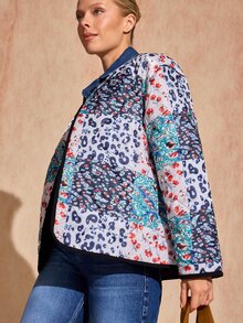 Bóhologie Women's White And Navy Patchwork Quilted Jacket, Collarless Snap-Button Boho Casual Vintage Coat, Autumn Winter Outerwear Everyday Going Out Travel - Multicolor - View 6