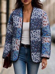 Bóhologie Women's White And Navy Patchwork Quilted Jacket, Collarless Snap-Button Boho Casual Vintage Coat, Autumn Winter Outerwear Everyday Going Out Travel - Multicolor - View 5