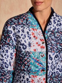 Bóhologie Women's White And Navy Patchwork Quilted Jacket, Collarless Snap-Button Boho Casual Vintage Coat, Autumn Winter Outerwear Everyday Going Out Travel - Multicolor - View 7