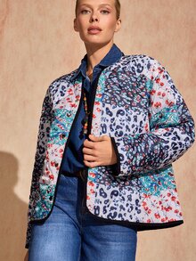 Bóhologie Women's White And Navy Patchwork Quilted Jacket, Collarless Snap-Button Boho Casual Vintage Coat, Autumn Winter Outerwear Everyday Going Out Travel - Multicolor - View 1