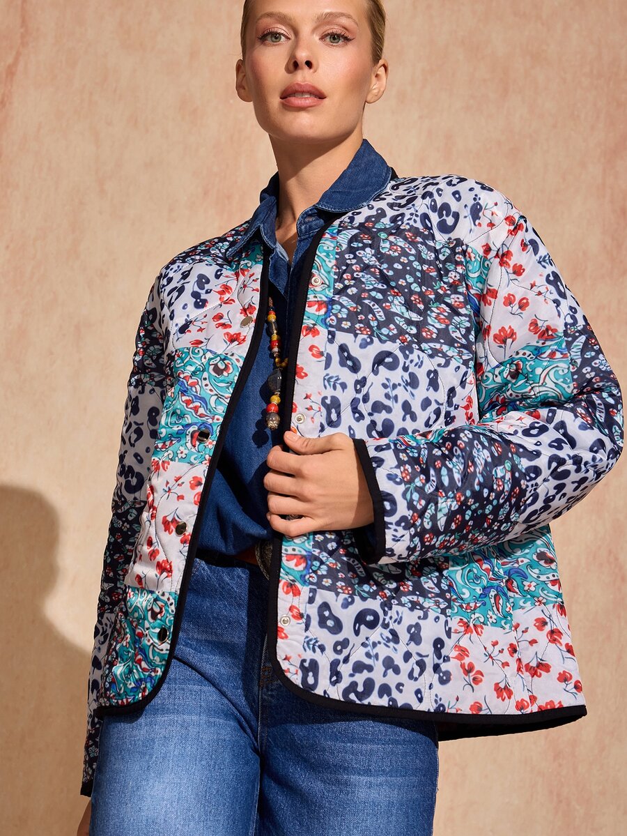 Bóhologie Women's White And Navy Patchwork Quilted Jacket, Collarless Snap-Button Boho Casual Vintage Coat, Autumn Winter Outerwear Everyday Going Out Travel - Multicolor - View 1