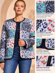 Bóhologie Women's White And Navy Patchwork Quilted Jacket, Collarless Snap-Button Boho Casual Vintage Coat, Autumn Winter Outerwear Everyday Going Out Travel - Multicolor - View 10