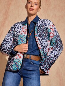 Bóhologie Women's White And Navy Patchwork Quilted Jacket, Collarless Snap-Button Boho Casual Vintage Coat, Autumn Winter Outerwear Everyday Going Out Travel - Multicolor - View 8