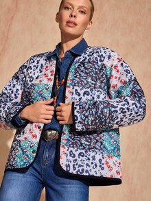 Bóhologie Women's White And Navy Patchwork Quilted Jacket, Collarless Snap-Button Boho Casual Vintage Coat, Autumn Winter Outerwear Everyday Going Out Travel - Multicolor - View 4