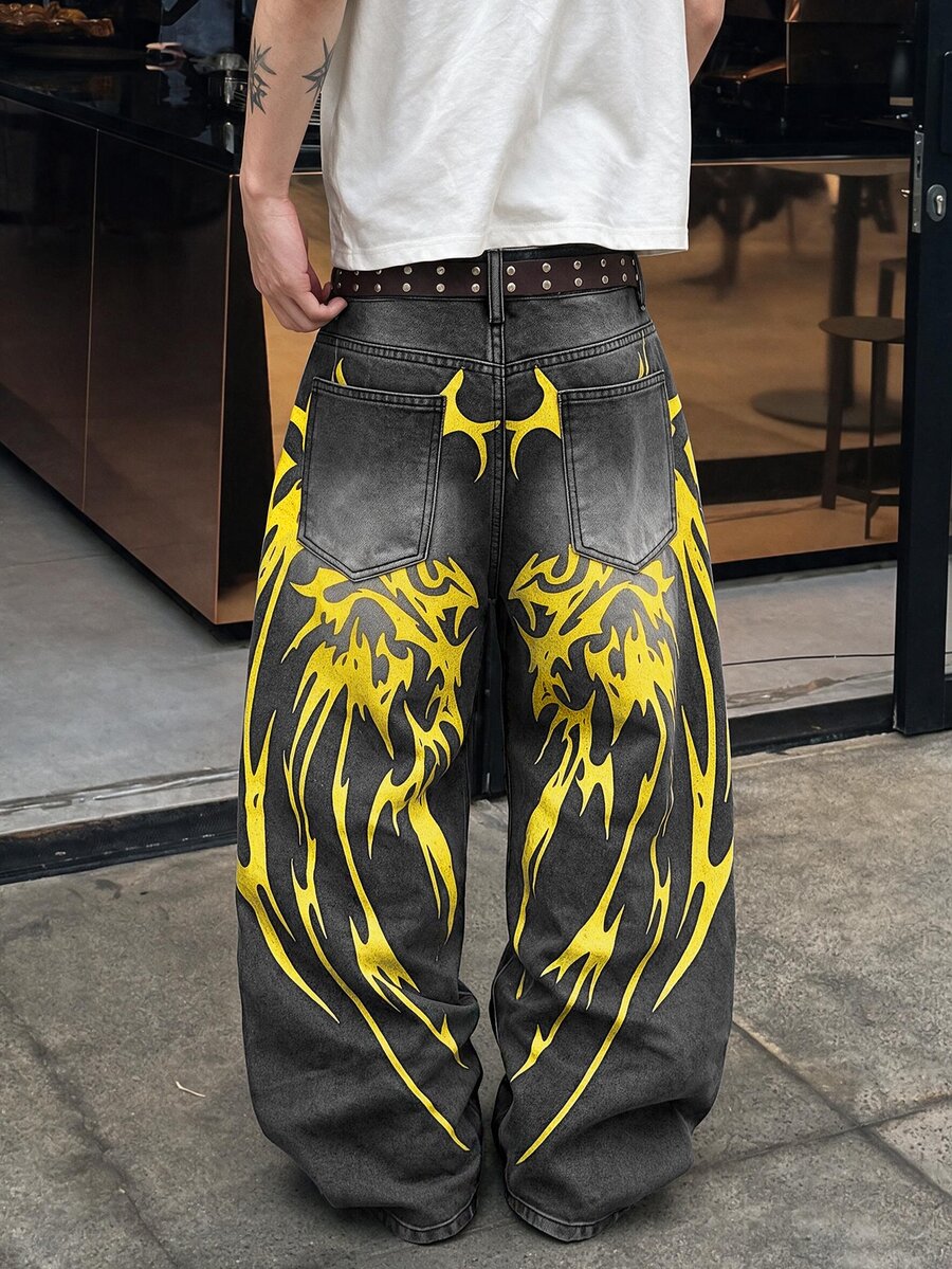 Manfinity Denimwave Men's Streetwear Y2k 80s Gothic Wing Dark Grey Washed Denim Wide Leg Pants Date Night Dinner Loose Fit Jeans - Grey - View 1