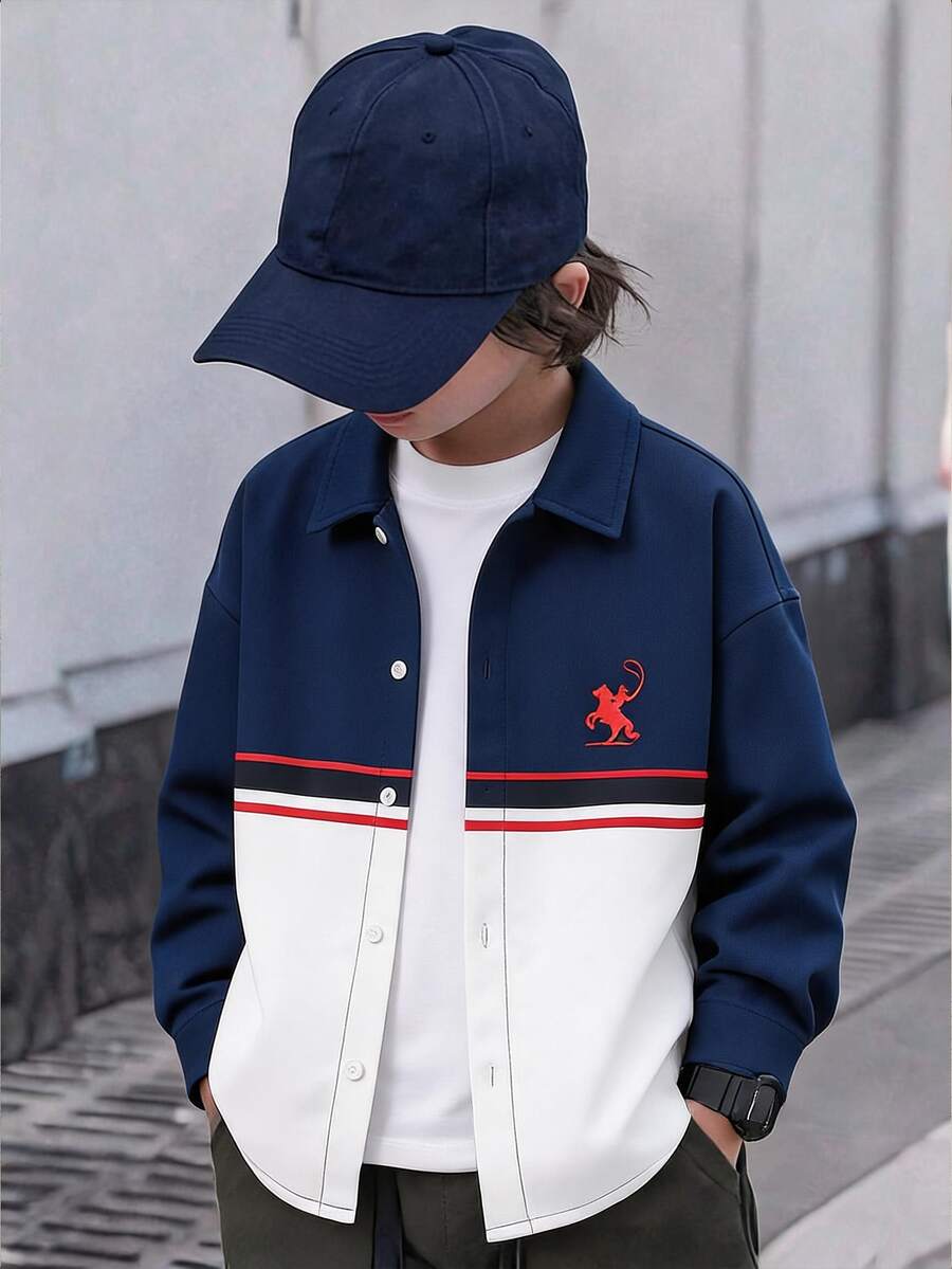 SHEIN Kids Tween Boy Casual College Style Versatile Contrast Color Pattern Turn-Down Collar Long Sleeve Shirt Top, Suitable For Commuting, School, Daily Casual, Outings, Sports, Spring, Summer, Autumn, Winter, Back To School Season - Royal Blue - View 1