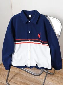 SHEIN Kids Tween Boy Casual College Style Versatile Contrast Color Pattern Turn-Down Collar Long Sleeve Shirt Top, Suitable For Commuting, School, Daily Casual, Outings, Sports, Spring, Summer, Autumn, Winter, Back To School Season - Royal Blue - View 2