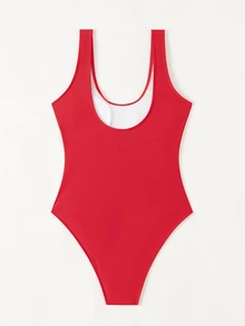 Swim Vcay 2025 Women Solid Color One-Piece Swimsuit, Vacation/Beach - Red - View 6