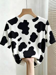 Franclia Cow Print Faux Pearl Beaded Tee - Black and White - View 2