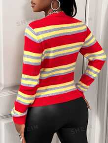 BamGleam Cardigan Lengan Panjang Berkerah Bulat Modis dengan Blok Warna Garis-garis, Cocok untuk Sekolah, Sehari-hari, dan Musim Gugur Kasual. - MultiWarna - View 3