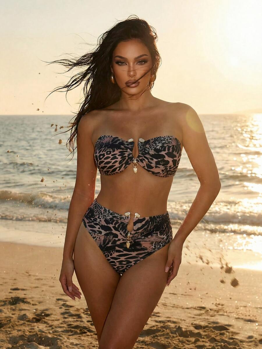 SHEIN Swim 性感渐变豹纹金色配饰抹胸比基尼套装,夏季度假 - 彩色 - 查看 1