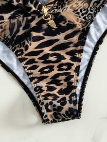 SHEIN Swim 性感渐变豹纹金色配饰抹胸比基尼套装，夏季度假 - 彩色 - 查看 7