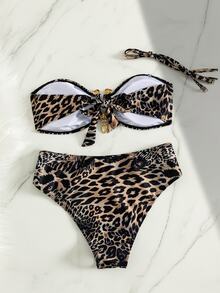 SHEIN Swim 性感渐变豹纹金色配饰抹胸比基尼套装，夏季度假 - 彩色 - 查看 5