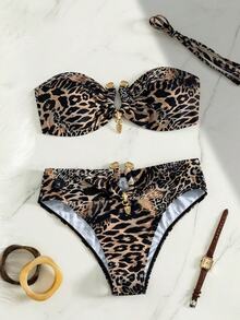 SHEIN Swim 性感渐变豹纹金色配饰抹胸比基尼套装，夏季度假 - 彩色 - 查看 2