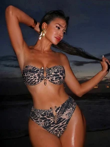 SHEIN Swim 性感渐变豹纹金色配饰抹胸比基尼套装，夏季度假 - 彩色 - 查看 4
