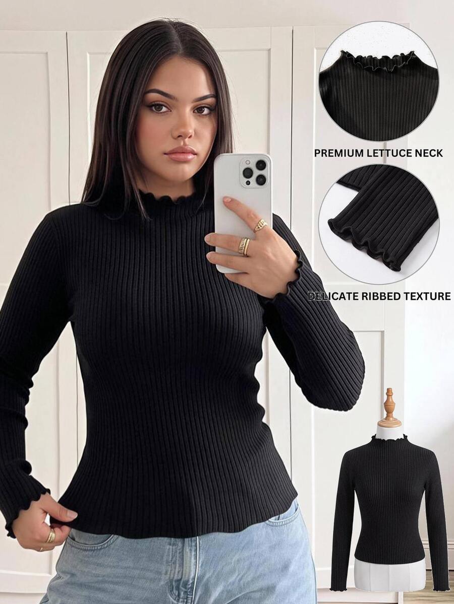 Comfortcana Plus Size Solid Lettuce Trim Ribbed Knit Tee Fall - Black - View 1