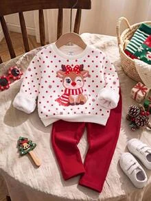 SHEIN Set Baju Sweatshirt dan Legging Motif Polkadot Kartun untuk Bayi Perempuan Musim Gugur dan Musim Dingin - Red and White - View 1