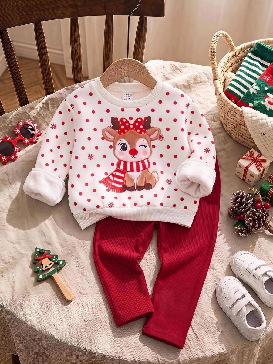 SHEIN Set Baju Sweatshirt dan Legging Motif Polkadot Kartun untuk Bayi Perempuan Musim Gugur dan Musim Dingin - Red and White - View 1