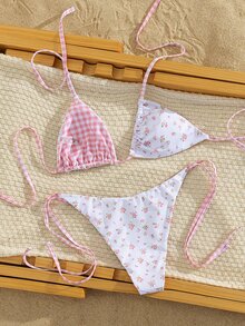 Swim Mod 2件套全新随机印花双面露背性感优雅度假比基尼套装，适合海滩、泳池派对 - 彩色 - 查看 3