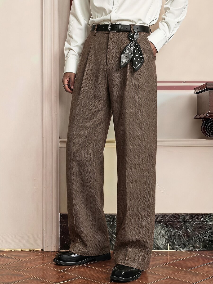 SWAVVY Men's Solid Color Casual Versatile Daily Wear Suit Pants - Brown - View 1