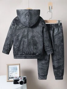 SHEIN 兒童小男孩休閒舒適百搭連帽衛衣與運動長褲套裝 - 彩色 - 查看 3