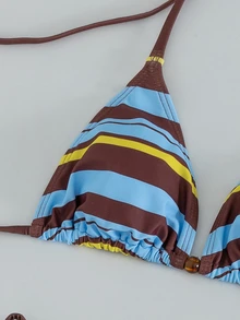 Swim Vcay Summer Vacation Sexy Striped Beaded Halter Backless Triangle Cup Bikini Set - Multicolor - View 5
