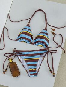 Swim Vcay Summer Vacation Sexy Striped Beaded Halter Backless Triangle Cup Bikini Set - Multicolor - View 2