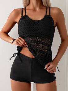 SHEIN Swim 夏季海灘度假多件式泳裝女款純色中空交叉背心泳衣上衣和游泳短褲組合 - 黑色 - 查看 2