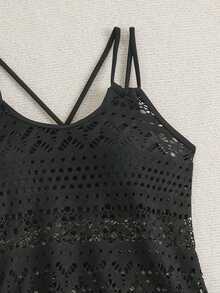 SHEIN Swim 夏季海灘度假多件式泳裝女款純色中空交叉背心泳衣上衣和游泳短褲組合 - 黑色 - 查看 7