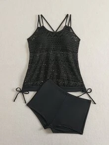 SHEIN Swim 夏季海灘度假多件式泳裝女款純色中空交叉背心泳衣上衣和游泳短褲組合 - 黑色 - 查看 5