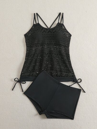 SHEIN Swim Women Tankinis Backless Criss Cross Kolor Plain