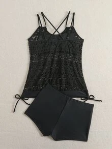 SHEIN Swim 夏季海灘度假多件式泳裝女款純色中空交叉背心泳衣上衣和游泳短褲組合 - 黑色 - 查看 6