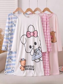 2pcs/Pack Baju Tidur Anak Perempuan Remaja Perempuan Lengan Panjang Kasual Motif Kelinci Garis-garis AB - Biru - View 7