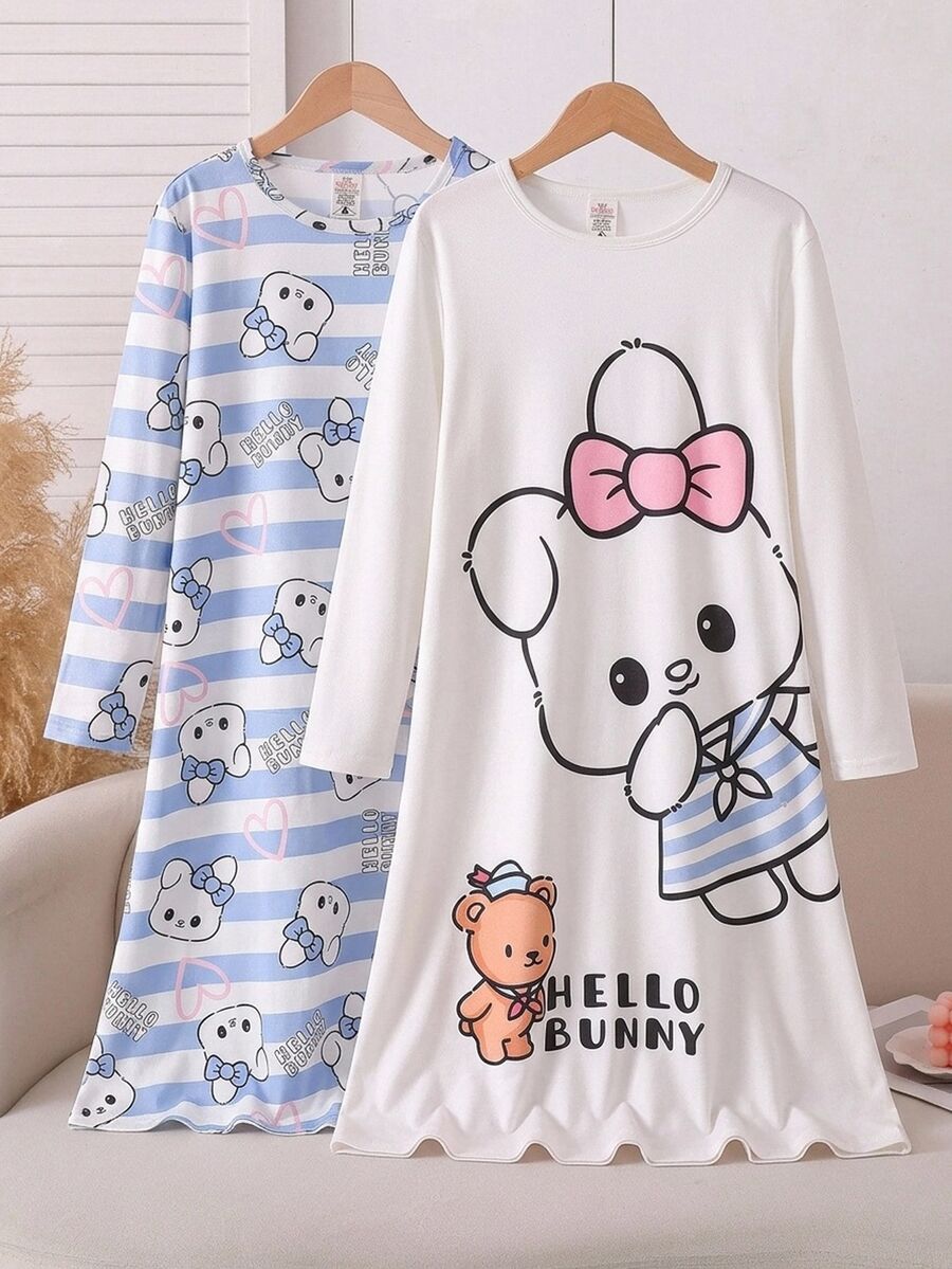 2pcs/Pack Baju Tidur Anak Perempuan Remaja Perempuan Lengan Panjang Kasual Motif Kelinci Garis-garis AB - Biru - View 1