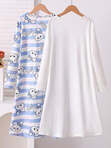 2pcs/Pack Baju Tidur Anak Perempuan Remaja Perempuan Lengan Panjang Kasual Motif Kelinci Garis-garis AB - Biru - View 2
