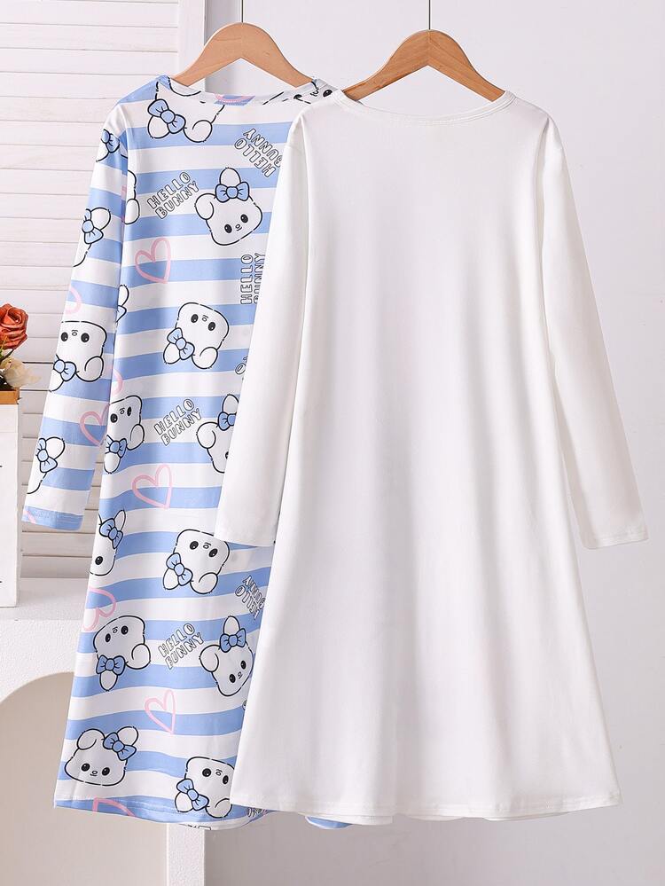 2pcs/Pack Girls Children Big Tween Girl Home Wear Long Sleeve Pullover Casual AB Striped Rabbit Print Pajamas - Blue - View 2