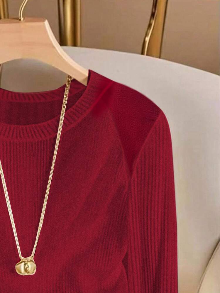 Lyxana Women's Casual Versatile Solid Color Long Sleeve T-Shirt - Red - View 3