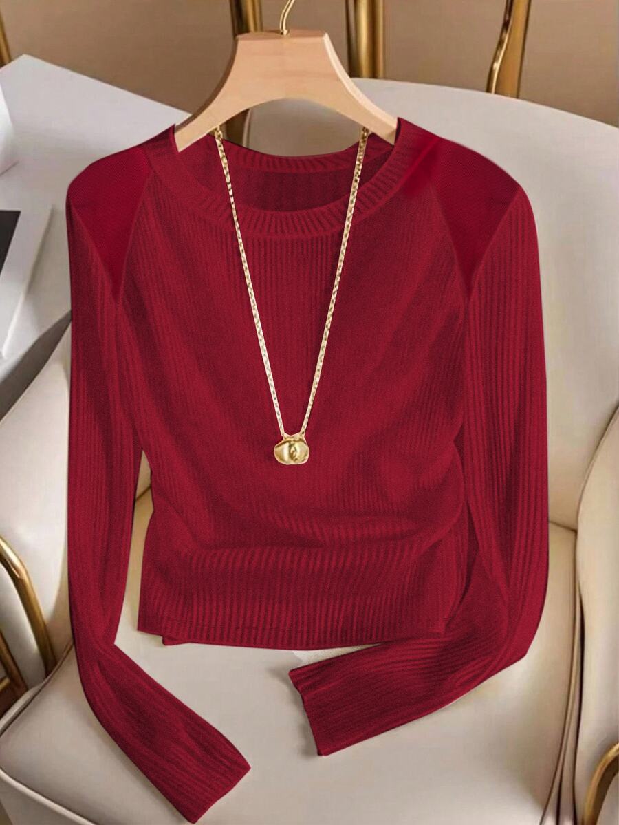 Lyxana Women's Casual Versatile Solid Color Long Sleeve T-Shirt - Red - View 1
