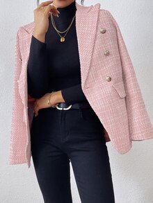 Rafferiza Plain Color Double Breasted Elegant Long Sleeve Suit Jacket Fall Cloth For Women - Baby Pink - View 6