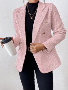 Rafferiza Plain Color Double Breasted Elegant Long Sleeve Suit Jacket Fall Cloth For Women - Baby Pink - View 4
