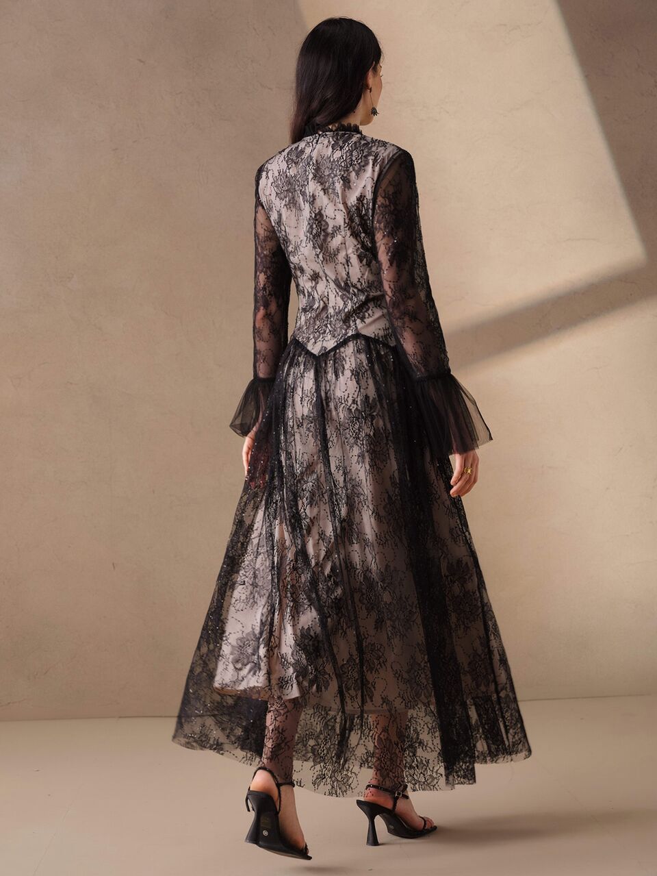 Anewsta Lace & Sequin Flare Long Sleeve Cinched Waist Wavy Full Skirt Evening Dress For Banquet, Ball, Formal Party