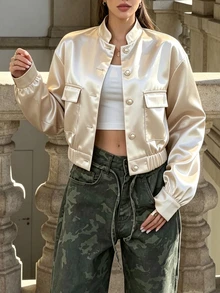 SHEIN Franclia 女款素色亮面緞面珍珠鈕扣立領口袋長袖夾克，春秋派對日用辦公休閒優雅時尚米色 - 杏色 - 查看 8