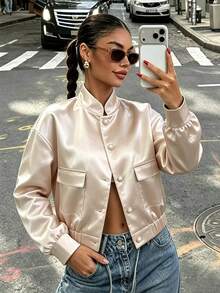 SHEIN Franclia 女款素色亮面緞面珍珠鈕扣立領口袋長袖夾克，春秋派對日用辦公休閒優雅時尚米色 - 杏色 - 查看 4