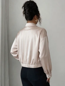 SHEIN Franclia 女款素色亮面緞面珍珠鈕扣立領口袋長袖夾克，春秋派對日用辦公休閒優雅時尚米色 - 杏色 - 查看 3
