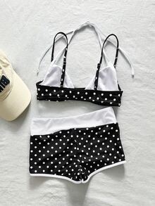 Bonvoyette 2pcs Women's Black And White Polka Dot Print Colorblock Patchwork Bikini Swimwear Beach Party Summer Retro Vintage 70s - Black and White - View 8